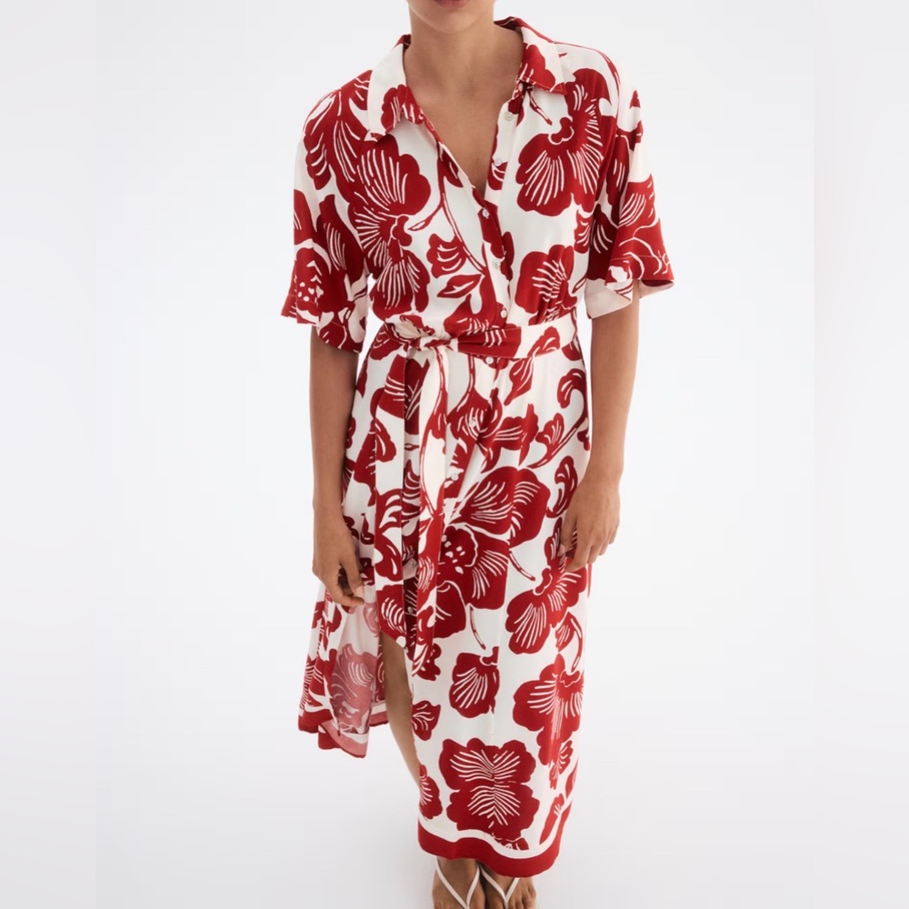 H&M Red and White Floral Tie-Belt Shirt Dress